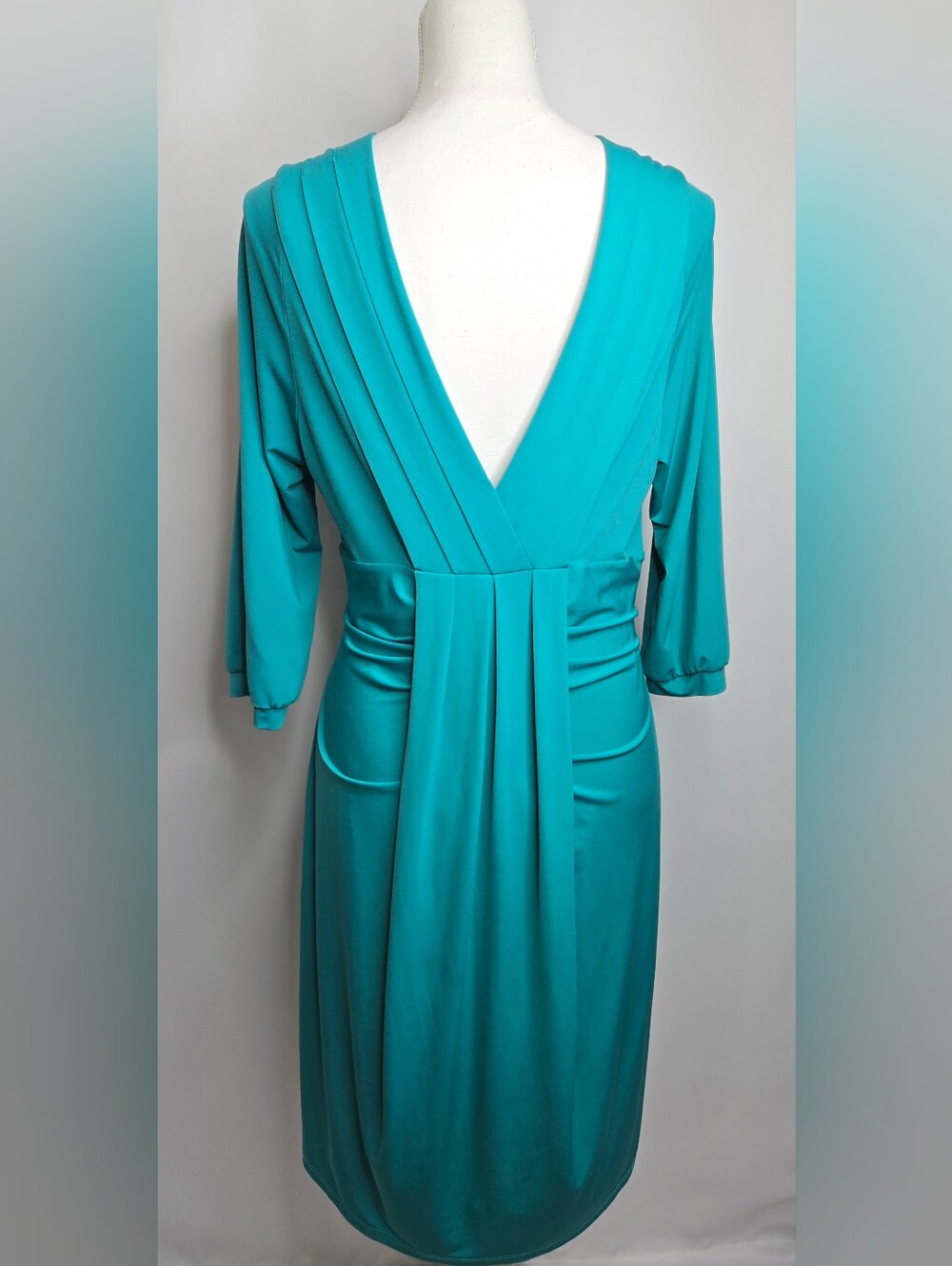 BCBGMaxAzria Teal Aqua Wedding Guest Faux Wrap Plunge Ruched Sheath Dress NWOT L - Picture 4 of 7